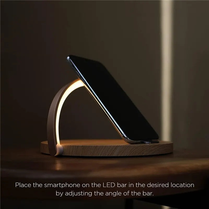 Professional title: "Wireless Charging Station with Multifunctional LED Desk Lamp and Fast Charging Capability for iPhone and Samsung Devices"