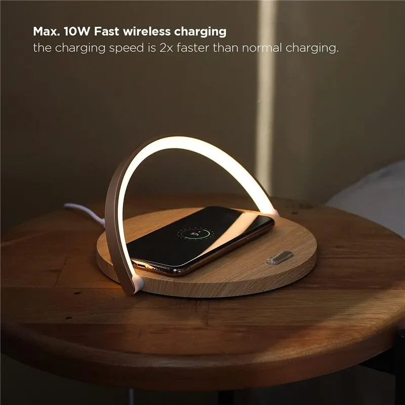 Professional title: "Wireless Charging Station with Multifunctional LED Desk Lamp and Fast Charging Capability for iPhone and Samsung Devices"