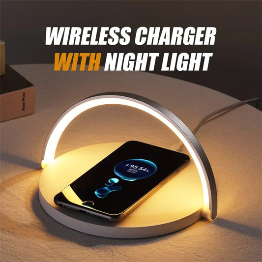 Professional title: "Wireless Charging Station with Multifunctional LED Desk Lamp and Fast Charging Capability for iPhone and Samsung Devices"