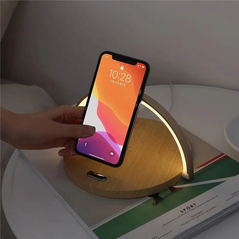 Professional title: "Wireless Charging Station with Multifunctional LED Desk Lamp and Fast Charging Capability for iPhone and Samsung Devices"