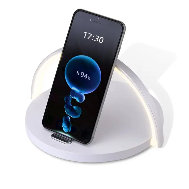 Professional title: "Wireless Charging Station with Multifunctional LED Desk Lamp and Fast Charging Capability for iPhone and Samsung Devices"